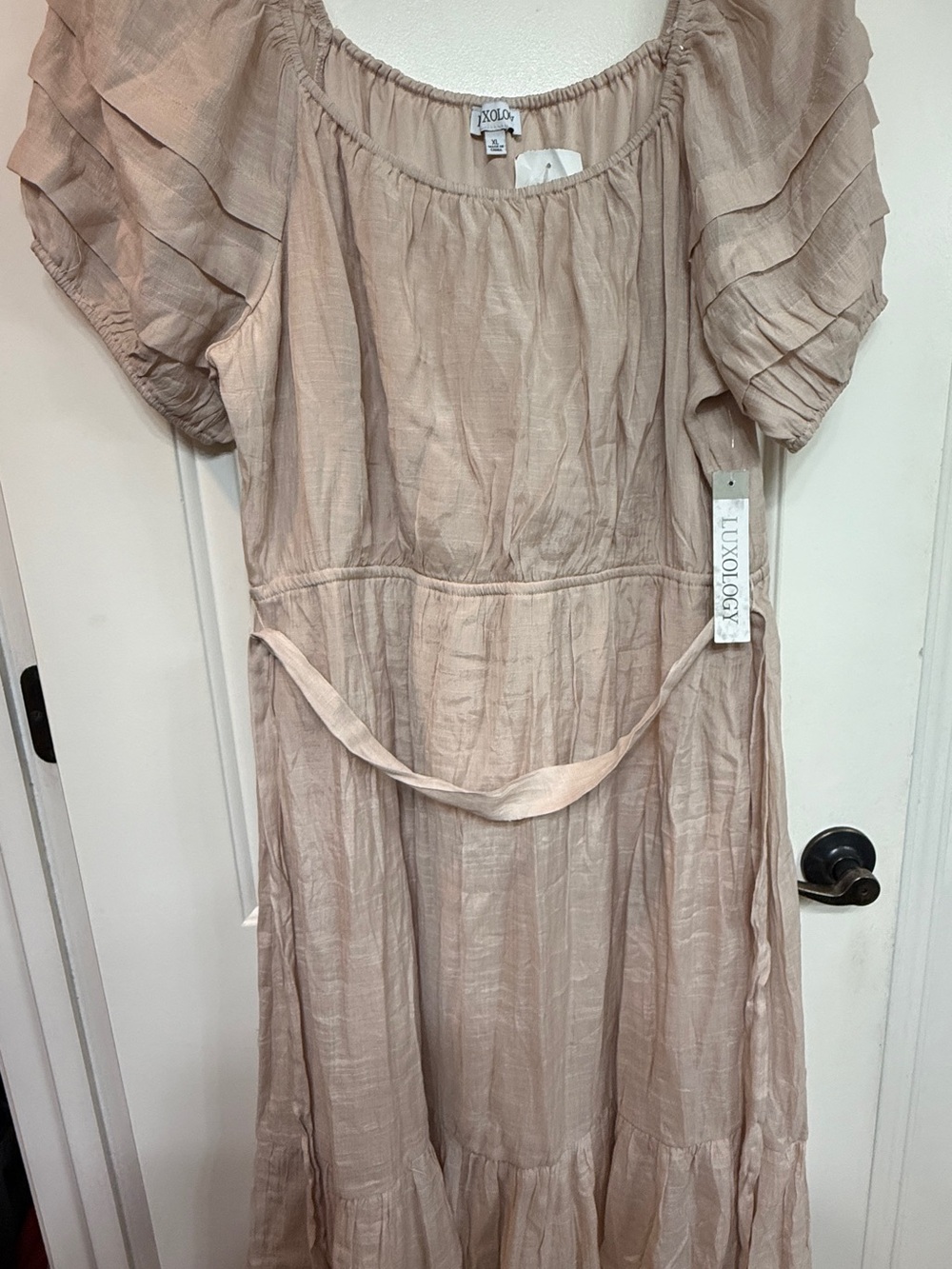 Luxology Blush-Taupe Ruffled Sleeve Maxi Dress